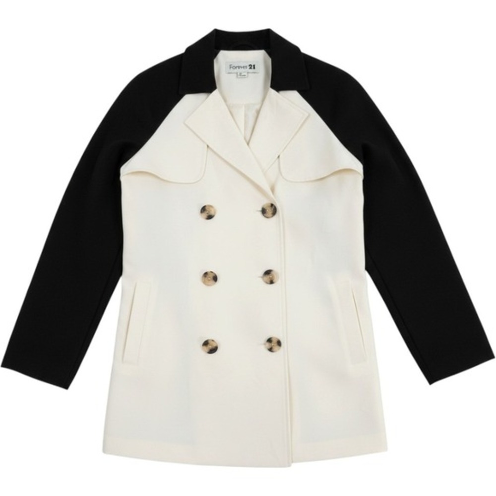 Forever 21 Womens Colorblock Trench Coat Cream Black Double Breasted Small